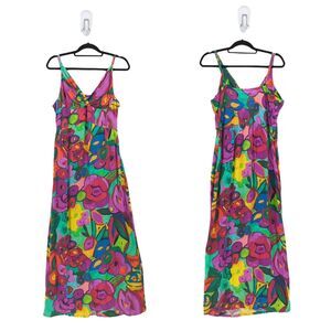 Jams World Hula Moon Women XL Dress Green Purple Abstract Floral Maxi Hawaiian